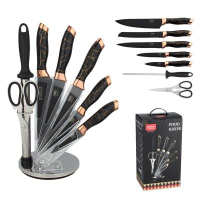 China Kitchen Chef Knife Set 8pcs Sharp Black Stainless Steel Stick Knives Sharp Black Profesionales With Roated Acrylic Storage for sale