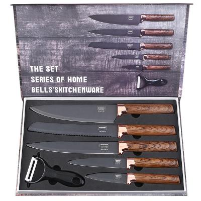 China Facas New Viable Substance Kitchen Professional Stainless Steel 6pcs Black Plastic Handle Marble Wooden Nonstick Coated Chef Knife Set for sale