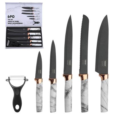 China Viable Factory Direct 6pcs Chef Knives Set With 3Cr13 Stainless Steel Pointed Blade Black Plastic Marble Coated Non-Stick Handle Durable for sale