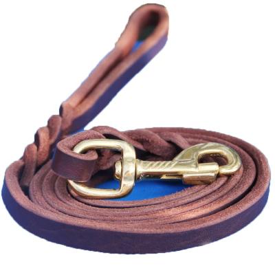 China High Quality Viable Luxury Leather Dog Leash Cowhide Brass Instant Hook Training Leash for sale