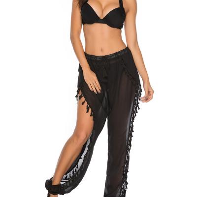 China 2022 Hot Selling Drawstring Cuffs Fur Ball Fringe Beach Breathable Open Pants Chiffon Pants for sale