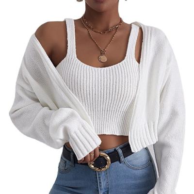 China Anti-wrinkle Women Sweater Knit Sweater Two Piece Crop Vest Cardigan Top Suit Set for sale