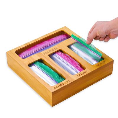 China Handmade Solid Wood Ziplock Hands Free Slouchy Organizer Stand Food Bag Container Holder Custom Bamboo Storage Boxes for sale