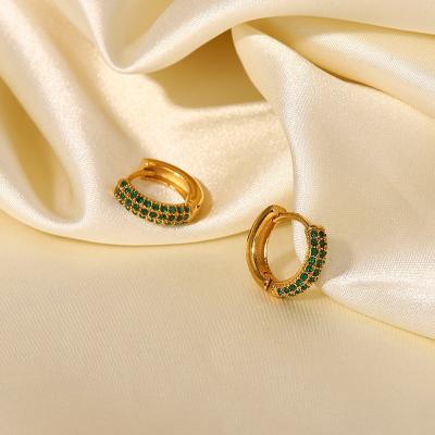 China New Fashion Stainless Steel Luxury Light Luxury Romantic Jewelry 18K Gold Stainless Steel Green Zircon Pave Huggie Earrings For Female Factory for sale