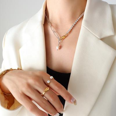 China FASHIONABLE French Gold Zircon Baroque Pearl Tennis Chain Necklace Silvery Mixed CZ Splice Pendant Necklace Stainless Steel for sale