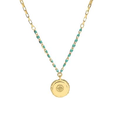 China CLASSIC BOHO Fashion Enamel Jewelry 12K Gold Round Laciness Charm Necklace Popular Blue Enamel Chains Disc Necklace for sale