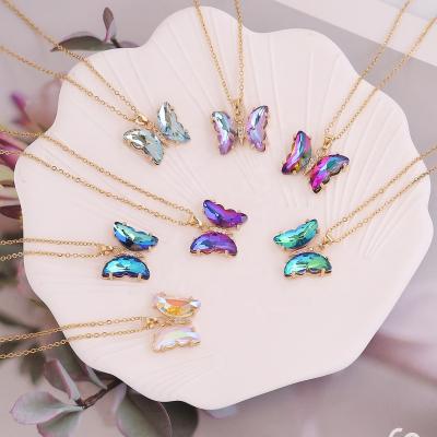 China Cute Fashion Stainless Steel Butterfly Jewelry Custom Vintage Colored Stone Glass Crystal Butterfly Necklace For Women Lady for sale