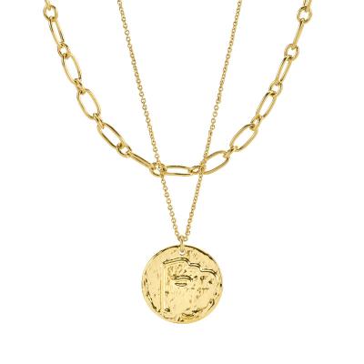 China Vintage New Arrival Solid Gold 18k Brass Accessories Personalized Round Disc Face Chains Metal Pendant Multilayer Handmade Necklace for sale