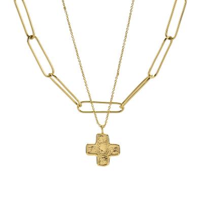 China Latest Luxury Religious Accessories Gold Jewelry Paper Clip Chains Layered Cross Crucifix Charms And Pendant Necklace for sale