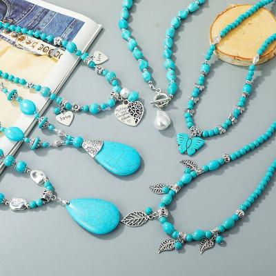 China BOHEMIA Bohemian Ethnic Style Natural Stone Pendant Turquoise Long Necklace Antique Silver Elegant Women for sale