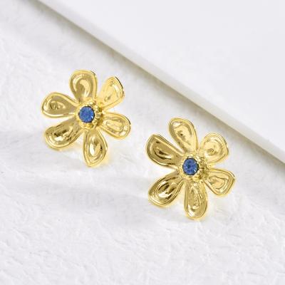 China Cute Kimberlee Customized 12K Gold Plated Jewelry Stunning Blue Rhinestone Flower Stud Earrings For Girls for sale