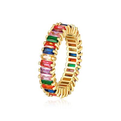 China FASHIONABLE Hot Selling Colorful Tennis Baguette Ring Jewelry Rectangle Shape Pave Multi Cubic Zirconia Rainbow Ring For Women for sale