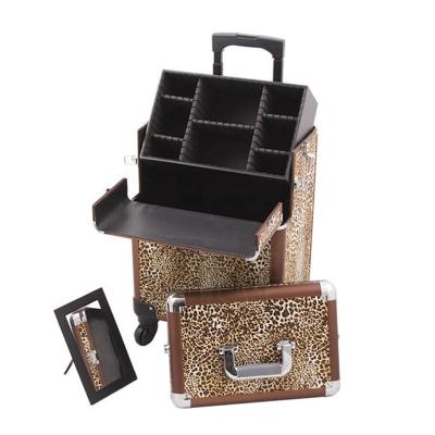 China Waterproof 4 in 1 Trolley Makeup Case Fashion Leopard Print 37X24X72cm Rolling Aluminum Make Up Case for sale