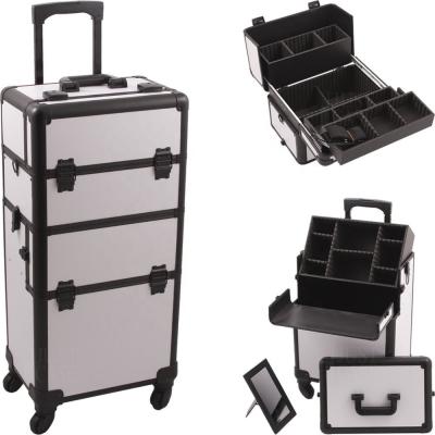 China Waterproof Black Aluminum Frame White Body With Lock Makeup Train Case Barber Trolley Case for sale