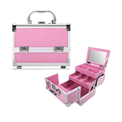 China Waterproof Portable Pink Travel Makeup Mirror Aluminum Train Case for sale