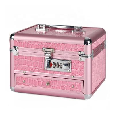 China Waterproof Pink Cosmetic Storage Box With Mirror Number Lock And Drawer For Makeup Aluminum Case for sale