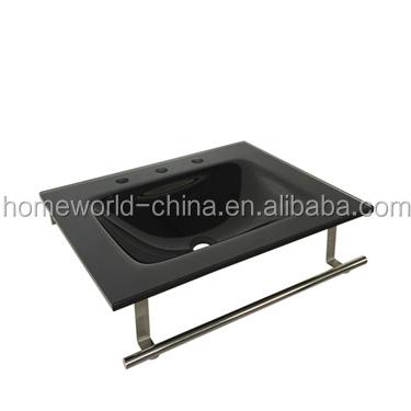 China Modern black glass vanity with stainless steel backing for sale