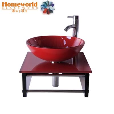 China Red Color Contemporary Wall Mounted Vanity Glass Sinks With Wood Backing From America Market for sale