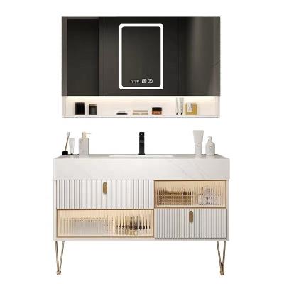 China Modern bathroom cabinet with led mirror cabinet and plywood with melamine bathroom vanity for sale