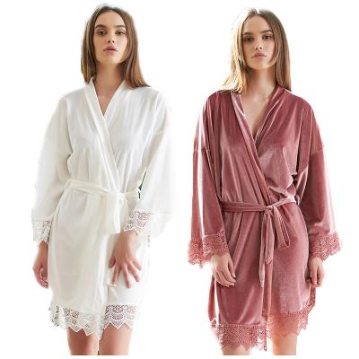 China QUICK DRY in velvet running short long robes with pink lace long bridesmaid robes women bathrobes for sale