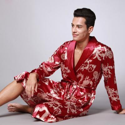 China QUICK DRY Satin Long Robes For Men Printing Dragon Long Robe Wedding Bridegroom Long Silk Robes for sale