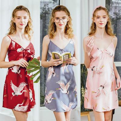 China QUICK DRY satin silk long bridesmaid dress with print crane women's slip dress summer bathing wear for sale