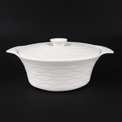 China Sustainable Wholesale Ceramic Soup Pot Shape Ripple White Water Ceramic Bowl With Lid For Daily Use for sale