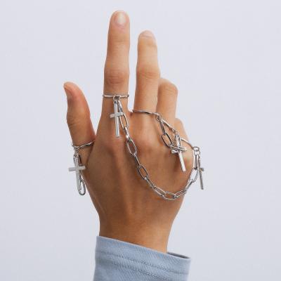 China Trendy Unique Design Vintage Hip Hop Steampunk Fashion Silver Chain Links Five Finger Cross Ring Set for sale