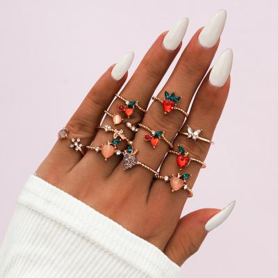 China Fashion South Korea Style Fun Fruit Design Strawberry Cherry Rose Gold Butterfly Ladies Ring Set for sale