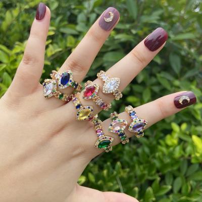 China Trendy High Quality Luxury Rainbow Style 18K Gold Rainbow Heart Shaped Zircon Crystal Ring Fashion Mom Rings for sale