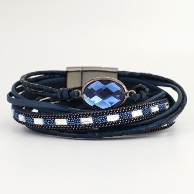 China FASHIONABLE Design Classic Blue Oval Gemstone Vintage Style Leather Magnetic Buckle Mens Bracelets & Bangles for sale