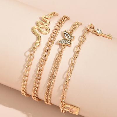 China 2021 TRENDY Fashion New Design Jewelry Vintage 4pcs Lock Butterfly Gold Anklet Chain Charm Sets for sale