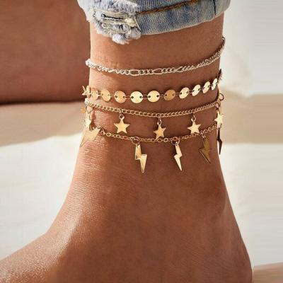 China Fashionable 4pcs style simple design European and American gold anklet sets stars lightning women anklets for sale