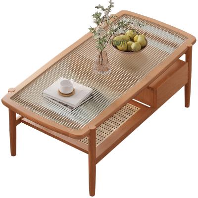 China Japanese contracted rattan / wicker style real rectangular wooden cane made living room glass coffee table for sale