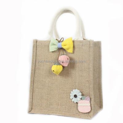 China OEM Handled Customizing Cute Printed Jute Tote Hessian Bags Summer Travel Tote Shopping Grocery Handbag Kids Jute Bags for sale