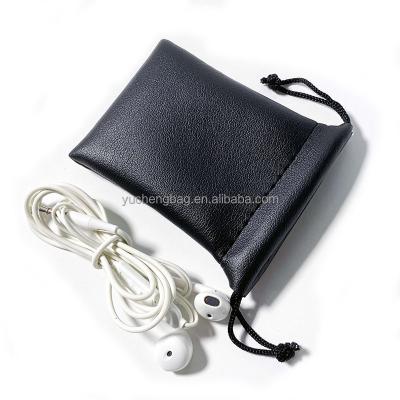 China Rope Handle PU Leather Earphone Protect Storage Pocket Packing Drawstring Bag Outdoor Portable Small Size Black for sale