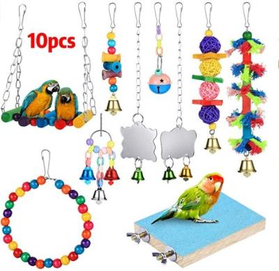 China 10 Pcs Viable Bird Swing Chewing Toys Bird Perches Bird Toys Parrots Mirrors Swing Hanging Toys With Bells For Medium Small Parrot for sale