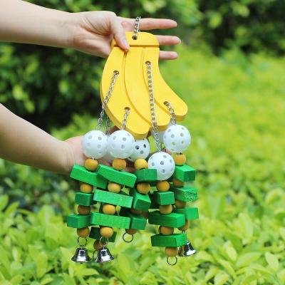 China Sustainable Parrots Toys Apples Pear Banana Fruits Hanging Shapes Bird Chew With Bites Ball And Colorful Wooden Block Knots for sale