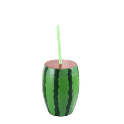 China Summer Creative Korean Version Watermelon Straw Cold Drink Water Cup Plastic Fruit Shape Juice Bottle 16oz for sale