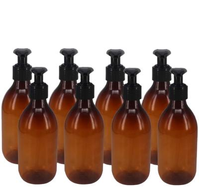 China BEAUTY PACKAGING Brown Cosmetic Packaging 60ml 120ml 250ml 500ml Amber Boston Round Plastic Lotion Bottle With Pump Cap for sale