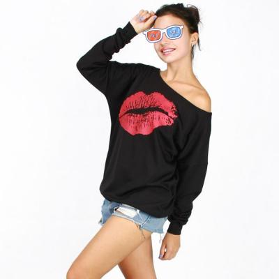 China Sexy Ladies Breathable Apparel Female Custom Comfy Sublimation Polyester Lips Off The Shoulder Sweatshirts for sale