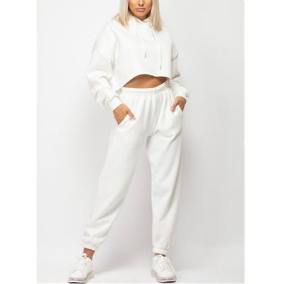 China Customized 2pcs Crop Anti-pilling Tops And Joggers Set White Cropped Hoodie Set Women for sale