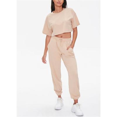 China High Quality French Terry Outfit Cotton Anti-Wrinkle 2 Two Piece Sets Clothing Crop Top Sweatpants Set for sale