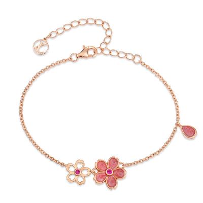 China Beautiful 925 Sterling Silver Cute Flowers Rose Gold Plated Enamel Bracelet for sale