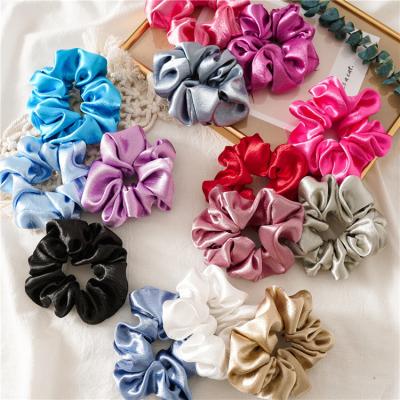 China Cloth PS 8 COLORS Bling Solid Color Satin Silk Hair Tie Elastic Scrunchies With Logo For Girl Hair Accessory Custom Made for sale