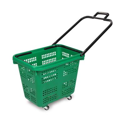 China Collapsible Shopping Trolley Plastic Cart Market Tote Basket For Shop With Wheels for sale