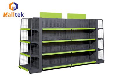 China 2 Side Supermarket Gondola Shelving Metal Perforated Back Panel Shelf Display Rack for sale