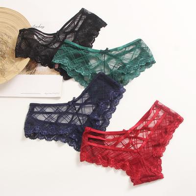 China Antibacterial Transparent Cute Buttocks Panties Bow Mesh Cross Hollow Lace Underwear Ladies Low Waist for sale