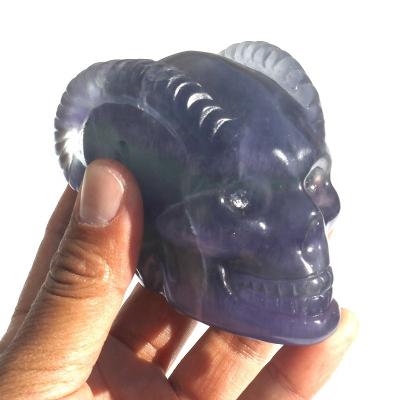 China Europe Hand Carved Natural Rainbow Fluorite Crystal Goat Horn Skulls For Home Decor for sale