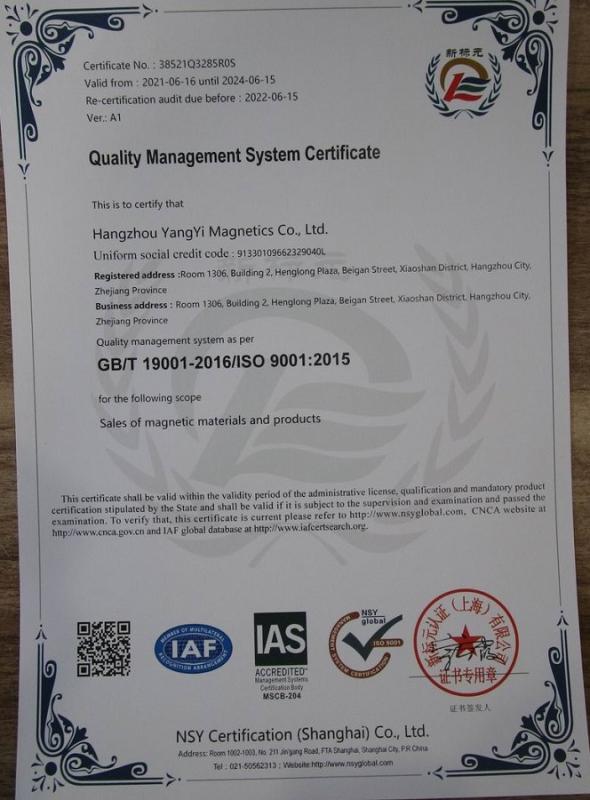 ISO9001 - Hangzhou Yangyi Magnetics Co., Ltd.